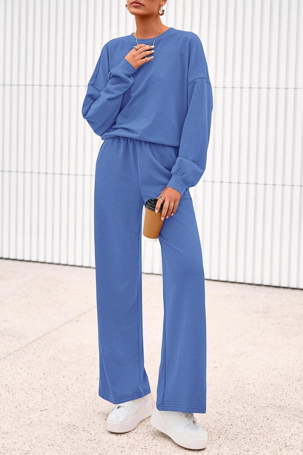 imagePRETTYGARDEN Women 2 Piece Outfits 2026 Spring Sweatsuits Crewneck Sweatshirt Wide Leg Sweatpants Lounge Sets TracksuitBlue