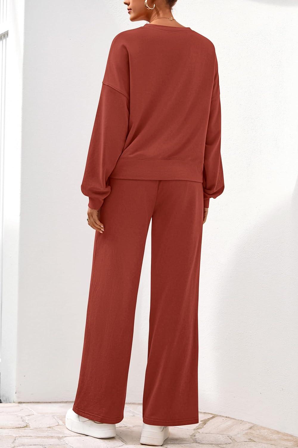 imagePRETTYGARDEN Women 2 Piece Outfits 2026 Spring Sweatsuits Crewneck Sweatshirt Wide Leg Sweatpants Lounge Sets TracksuitBrick Red