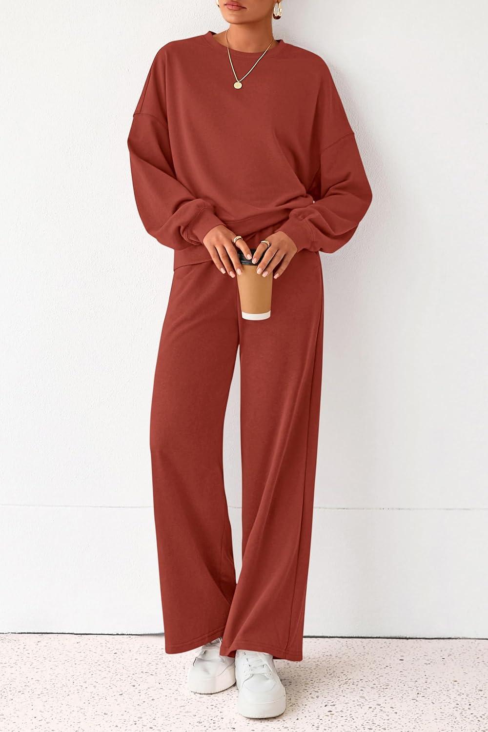 imagePRETTYGARDEN Women 2 Piece Outfits 2026 Spring Sweatsuits Crewneck Sweatshirt Wide Leg Sweatpants Lounge Sets TracksuitBrick Red