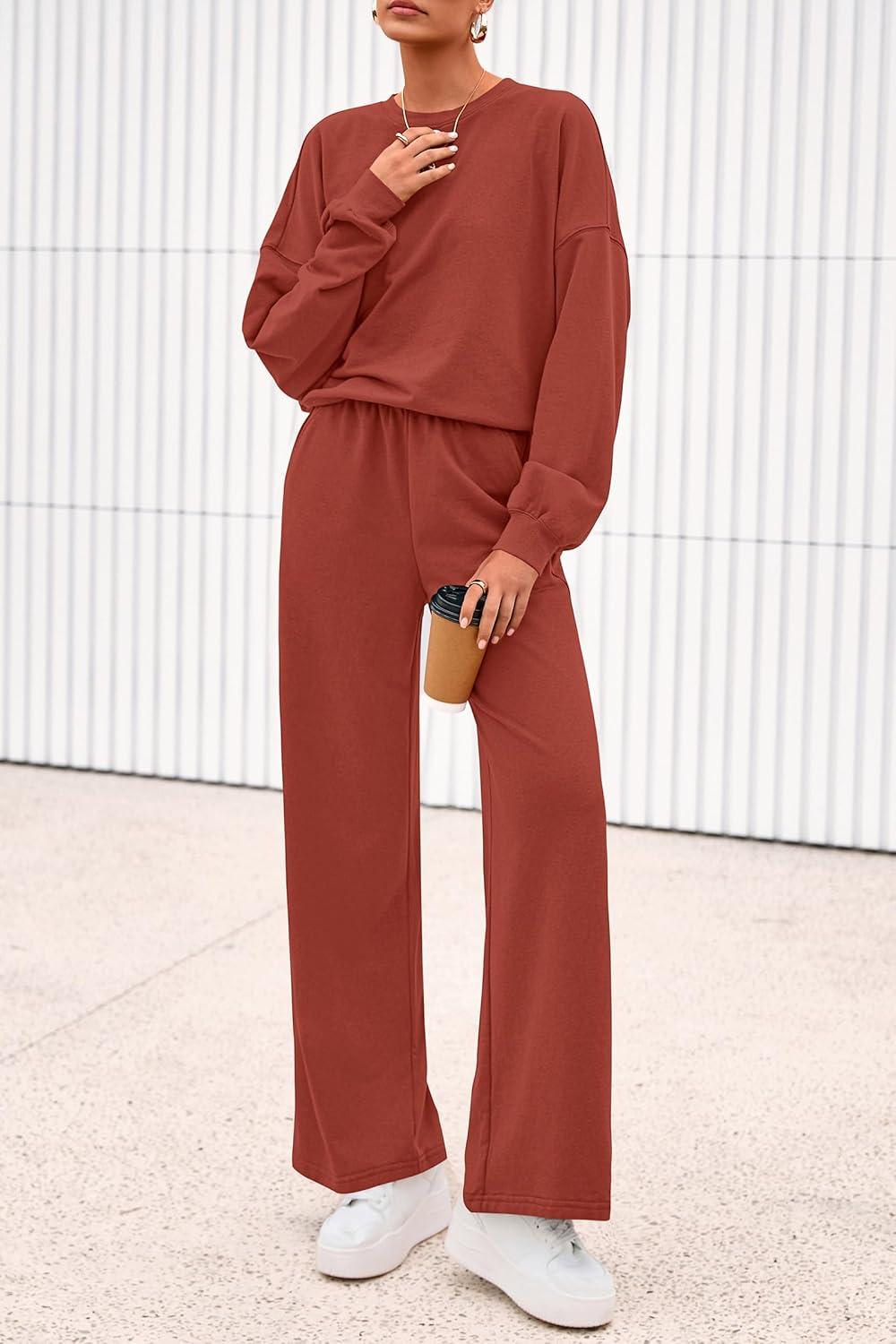 imagePRETTYGARDEN Women 2 Piece Outfits 2026 Spring Sweatsuits Crewneck Sweatshirt Wide Leg Sweatpants Lounge Sets TracksuitBrick Red