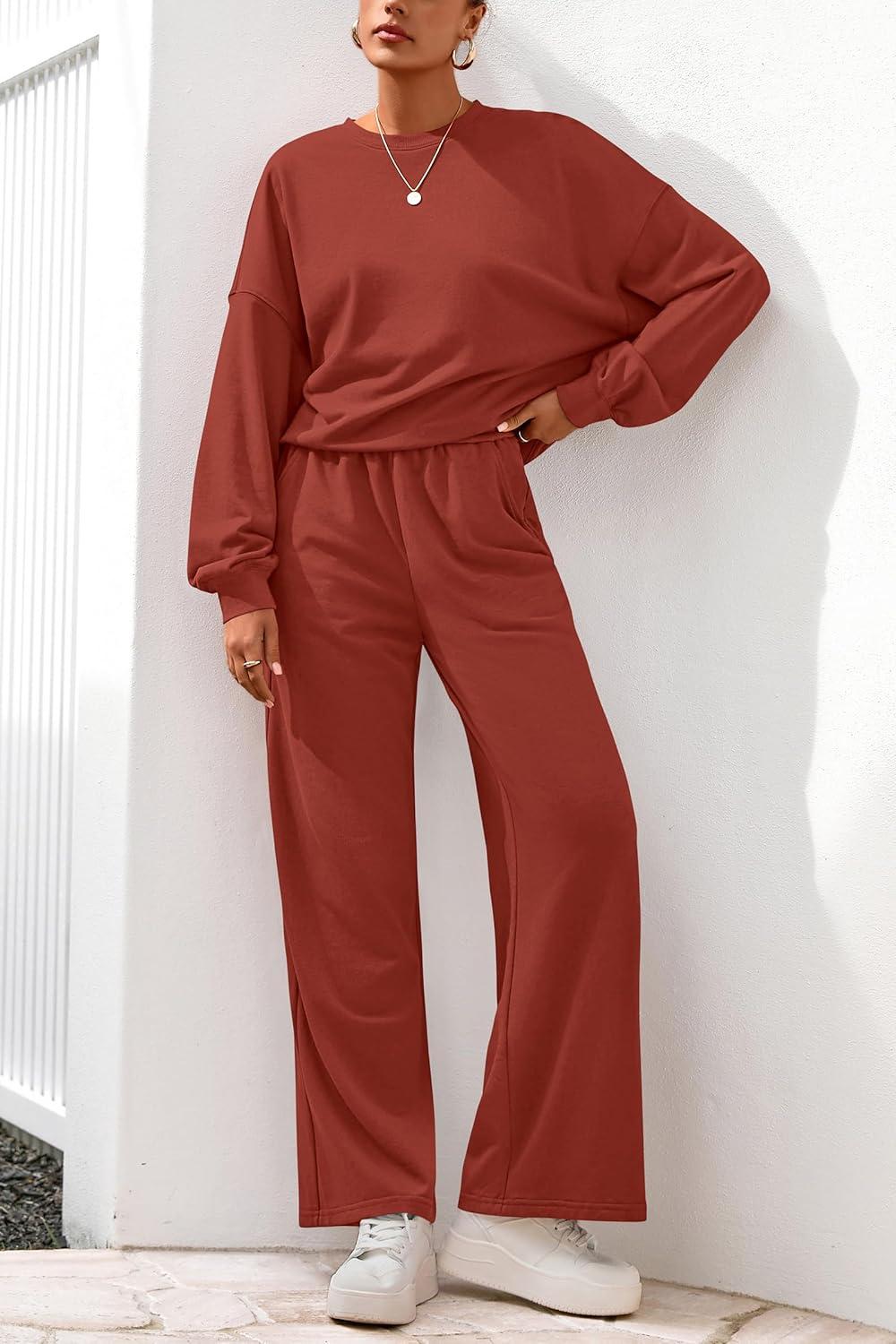 imagePRETTYGARDEN Women 2 Piece Outfits 2026 Spring Sweatsuits Crewneck Sweatshirt Wide Leg Sweatpants Lounge Sets TracksuitBrick Red