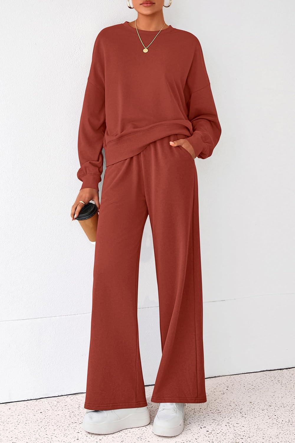 imagePRETTYGARDEN Women 2 Piece Outfits 2026 Spring Sweatsuits Crewneck Sweatshirt Wide Leg Sweatpants Lounge Sets TracksuitBrick Red