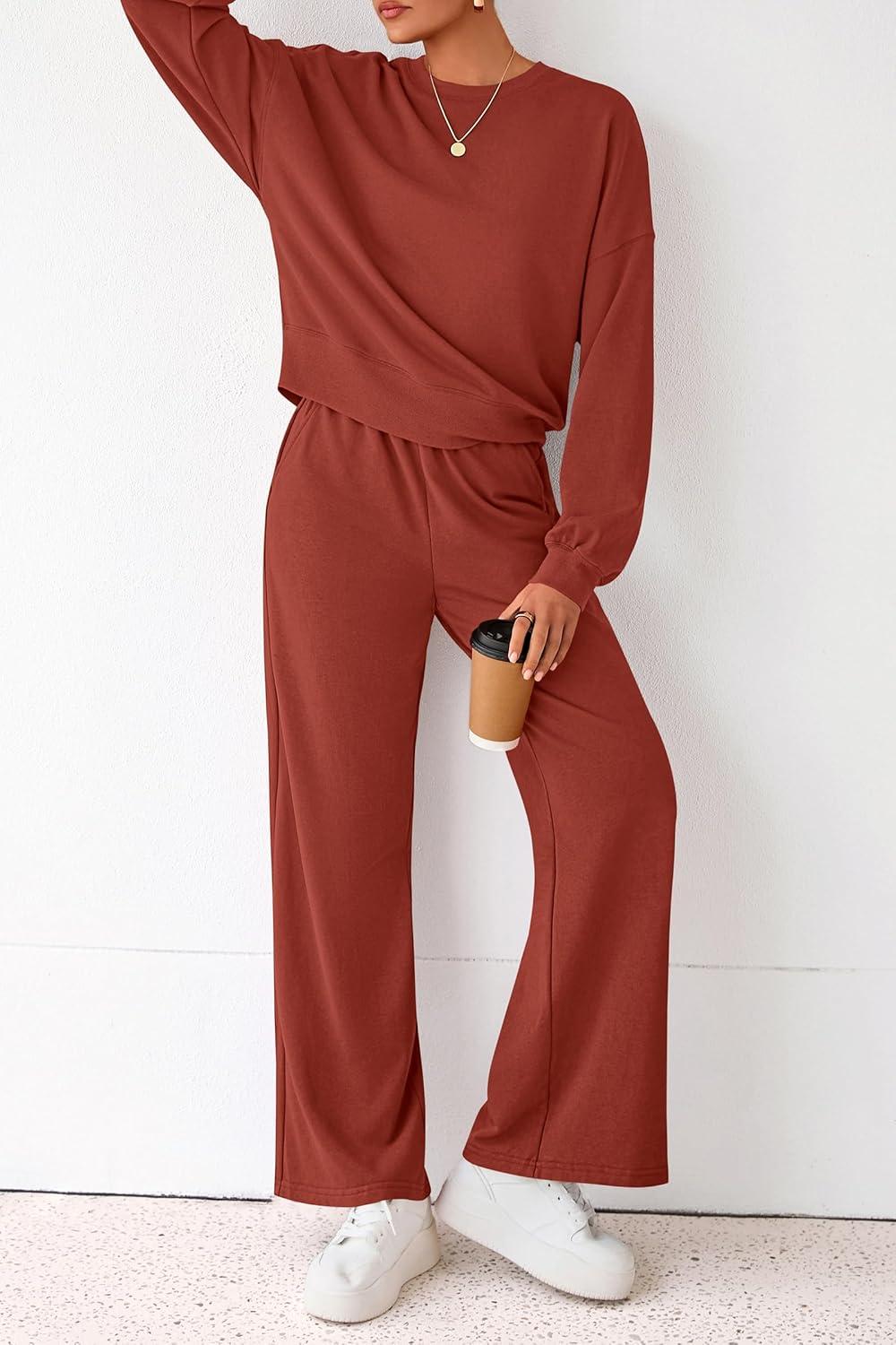 imagePRETTYGARDEN Women 2 Piece Outfits 2026 Spring Sweatsuits Crewneck Sweatshirt Wide Leg Sweatpants Lounge Sets TracksuitBrick Red