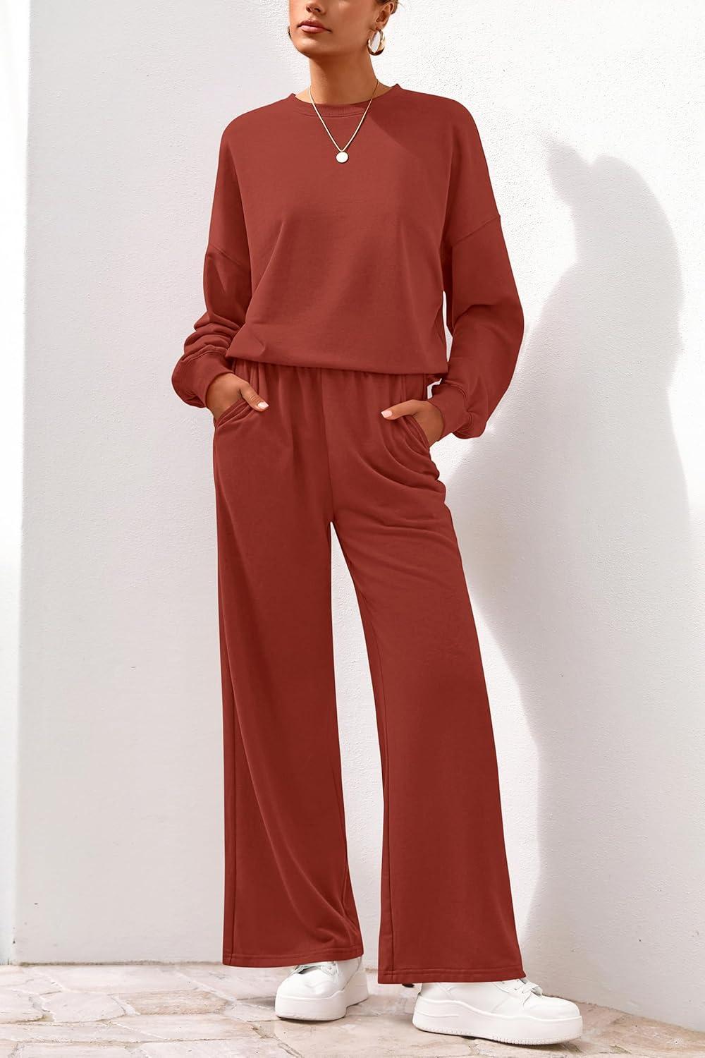 imagePRETTYGARDEN Women 2 Piece Outfits 2026 Spring Sweatsuits Crewneck Sweatshirt Wide Leg Sweatpants Lounge Sets TracksuitBrick Red