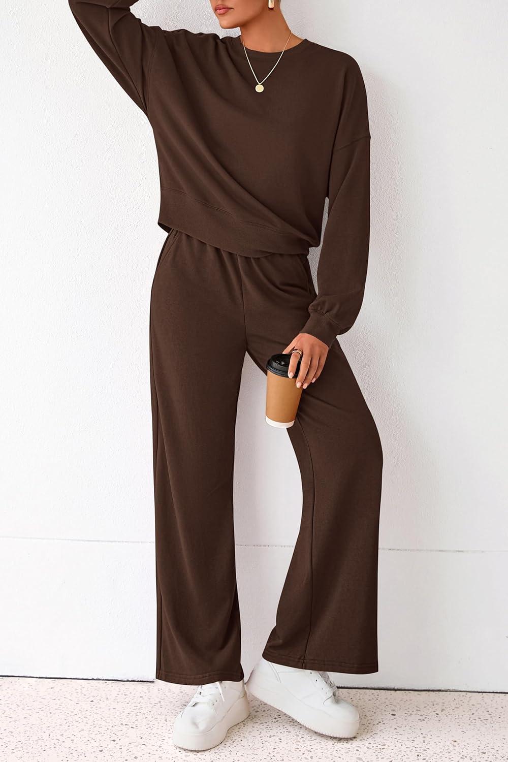 imagePRETTYGARDEN Women 2 Piece Outfits 2026 Spring Sweatsuits Crewneck Sweatshirt Wide Leg Sweatpants Lounge Sets TracksuitDark Brown