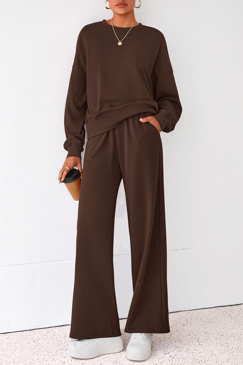 imagePRETTYGARDEN Women 2 Piece Outfits 2026 Spring Sweatsuits Crewneck Sweatshirt Wide Leg Sweatpants Lounge Sets TracksuitDark Brown