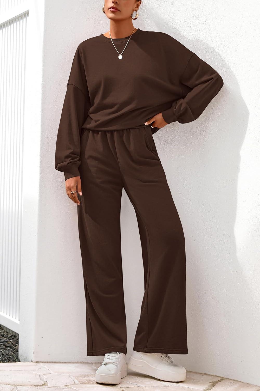 imagePRETTYGARDEN Women 2 Piece Outfits 2026 Spring Sweatsuits Crewneck Sweatshirt Wide Leg Sweatpants Lounge Sets TracksuitDark Brown