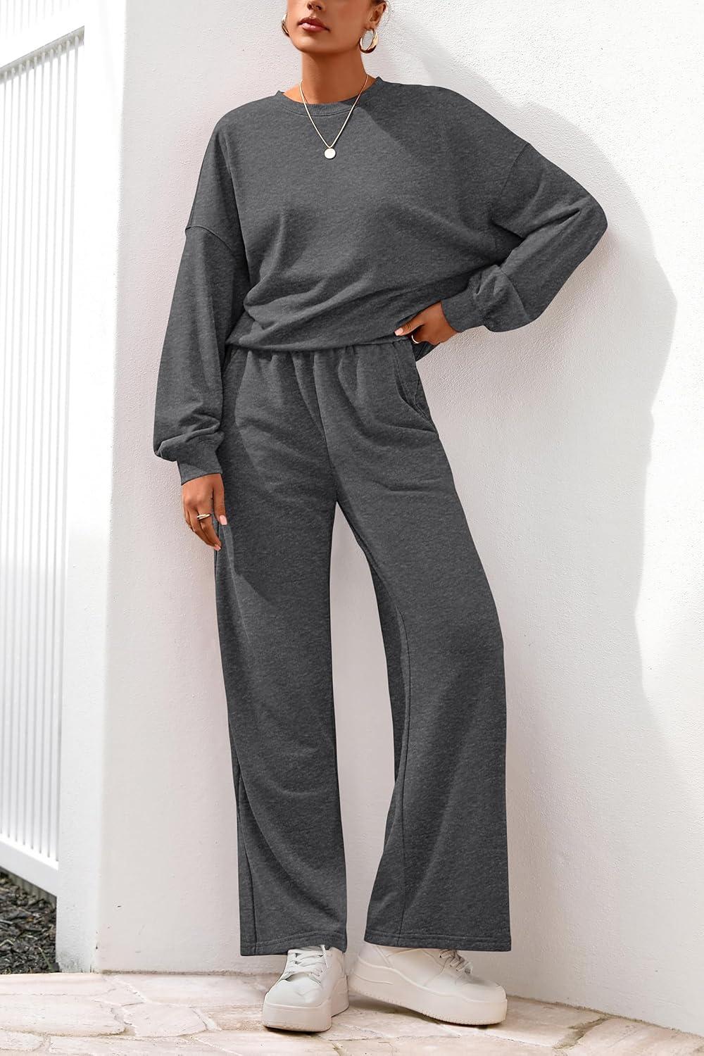 imagePRETTYGARDEN Women 2 Piece Outfits 2026 Spring Sweatsuits Crewneck Sweatshirt Wide Leg Sweatpants Lounge Sets TracksuitDark Grey