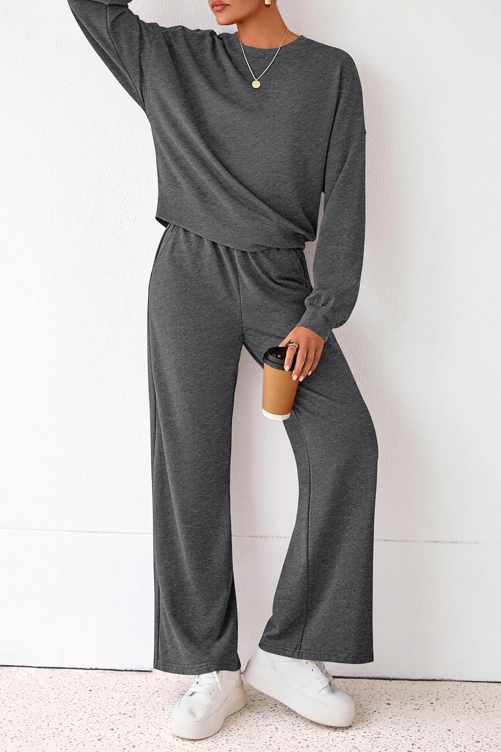imagePRETTYGARDEN Women 2 Piece Outfits 2026 Spring Sweatsuits Crewneck Sweatshirt Wide Leg Sweatpants Lounge Sets TracksuitDark Grey