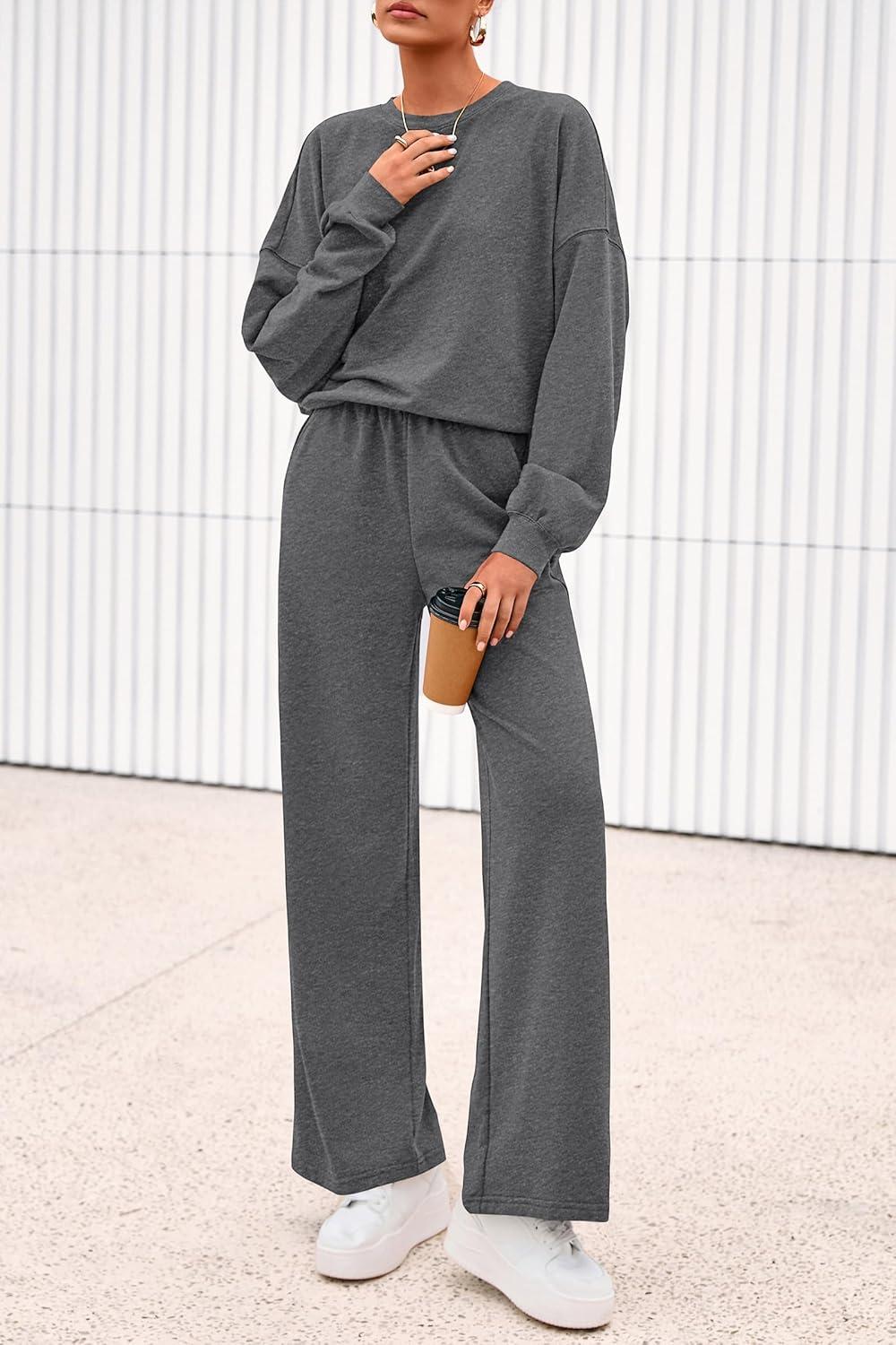 imagePRETTYGARDEN Women 2 Piece Outfits 2026 Spring Sweatsuits Crewneck Sweatshirt Wide Leg Sweatpants Lounge Sets TracksuitDark Grey