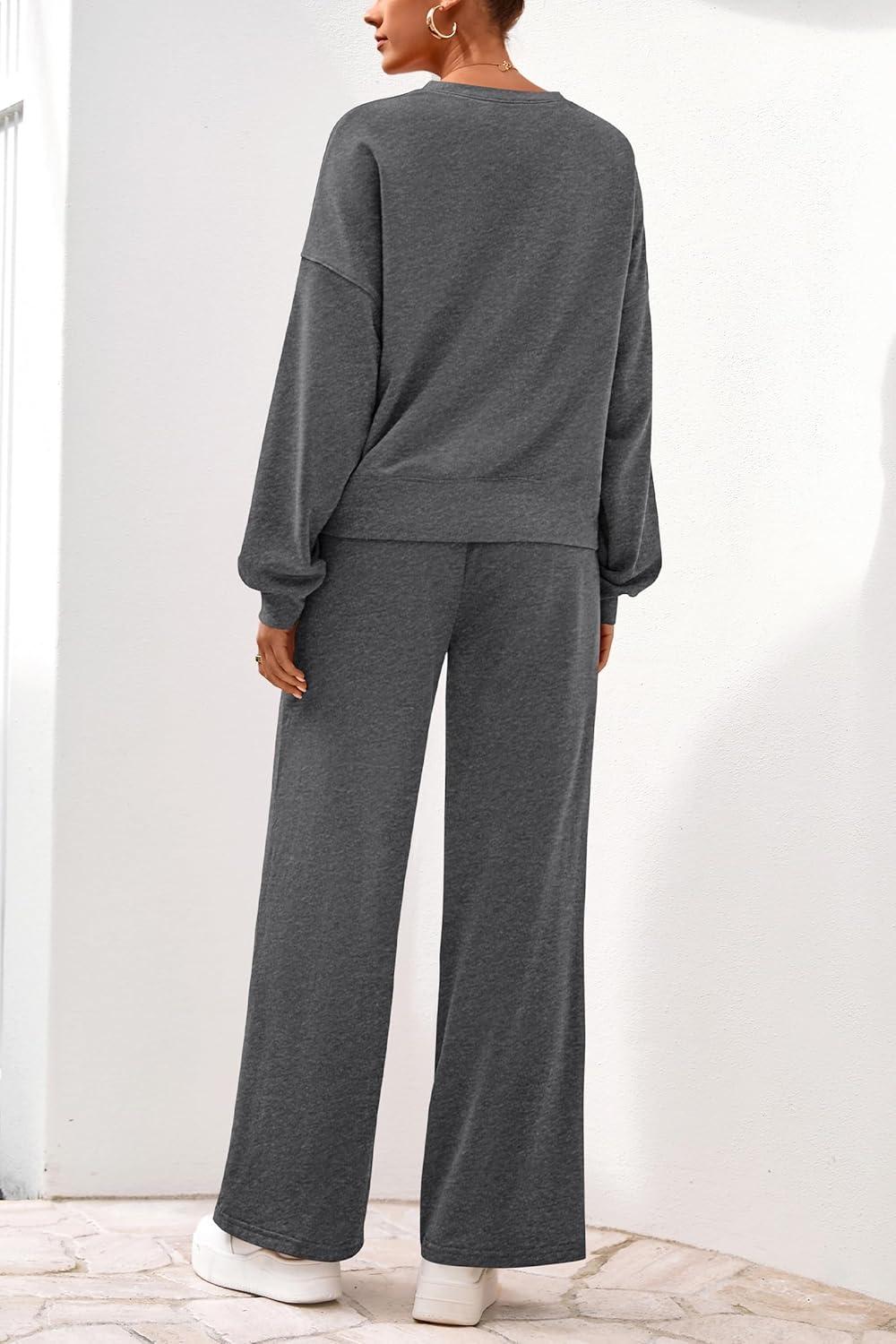 imagePRETTYGARDEN Women 2 Piece Outfits 2026 Spring Sweatsuits Crewneck Sweatshirt Wide Leg Sweatpants Lounge Sets TracksuitDark Grey