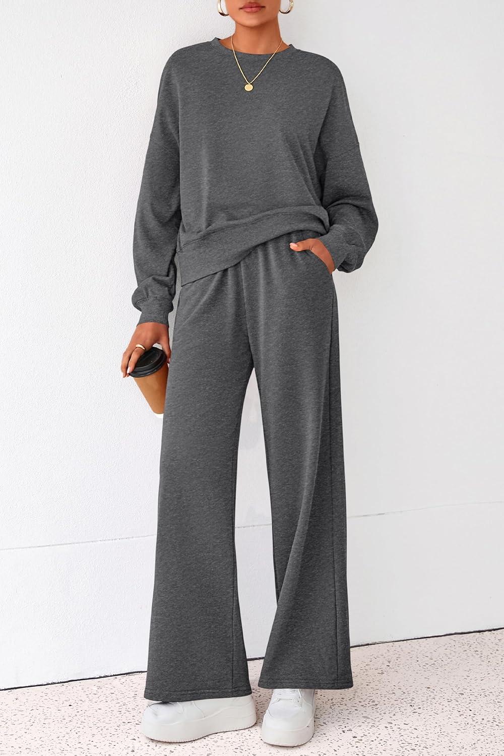 imagePRETTYGARDEN Women 2 Piece Outfits 2026 Spring Sweatsuits Crewneck Sweatshirt Wide Leg Sweatpants Lounge Sets TracksuitDark Grey