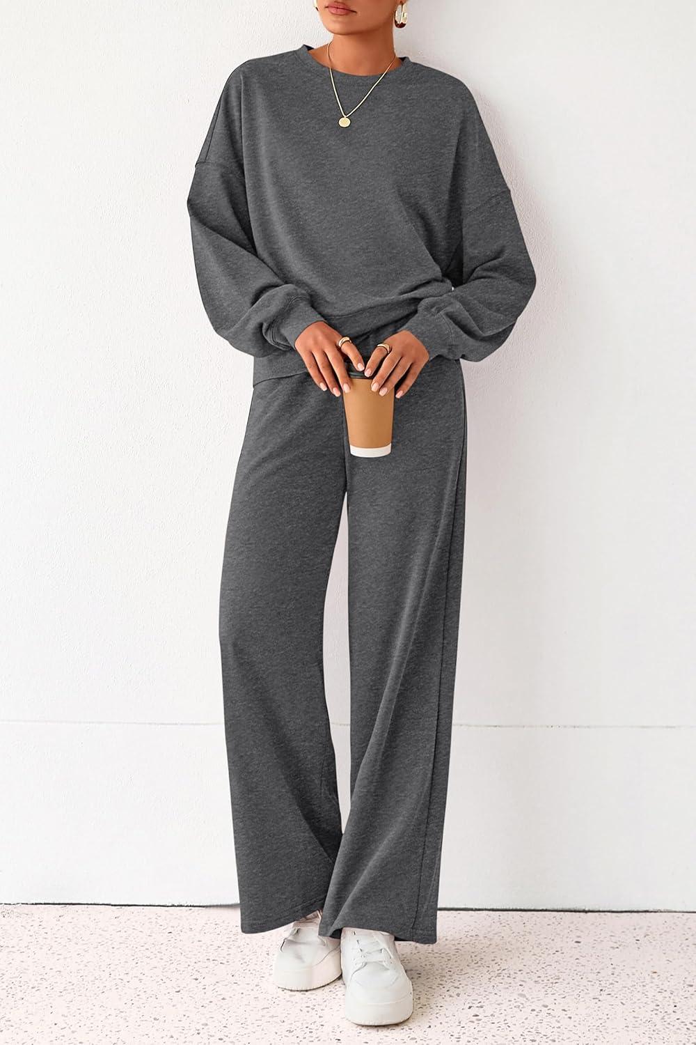 imagePRETTYGARDEN Women 2 Piece Outfits 2026 Spring Sweatsuits Crewneck Sweatshirt Wide Leg Sweatpants Lounge Sets TracksuitDark Grey
