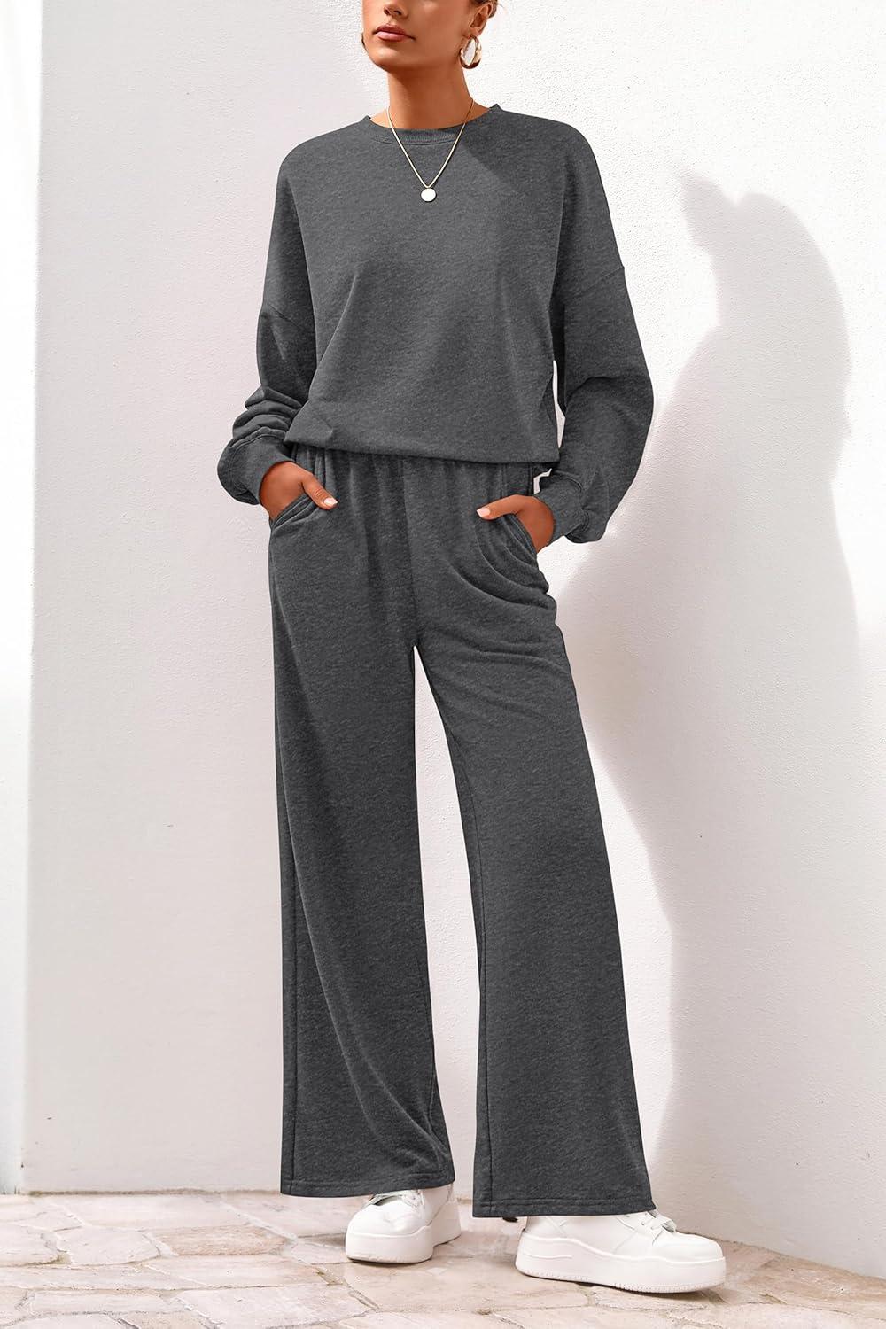 imagePRETTYGARDEN Women 2 Piece Outfits 2026 Spring Sweatsuits Crewneck Sweatshirt Wide Leg Sweatpants Lounge Sets TracksuitDark Grey