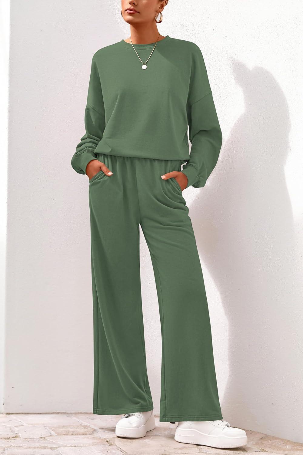 imagePRETTYGARDEN Women 2 Piece Outfits 2026 Spring Sweatsuits Crewneck Sweatshirt Wide Leg Sweatpants Lounge Sets TracksuitGreen