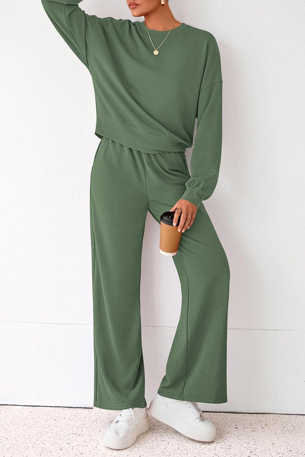 imagePRETTYGARDEN Women 2 Piece Outfits 2026 Spring Sweatsuits Crewneck Sweatshirt Wide Leg Sweatpants Lounge Sets TracksuitGreen