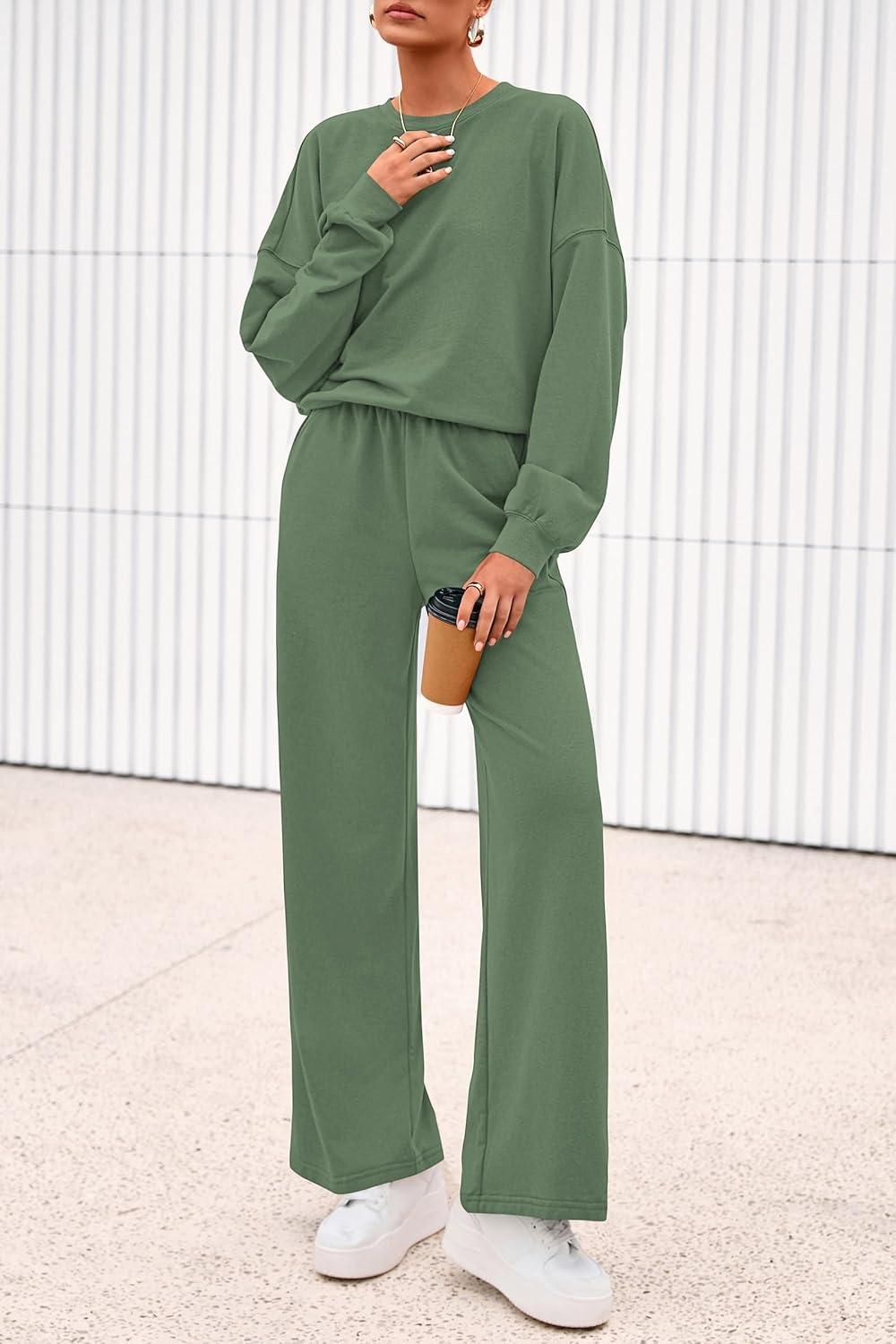 imagePRETTYGARDEN Women 2 Piece Outfits 2026 Spring Sweatsuits Crewneck Sweatshirt Wide Leg Sweatpants Lounge Sets TracksuitGreen