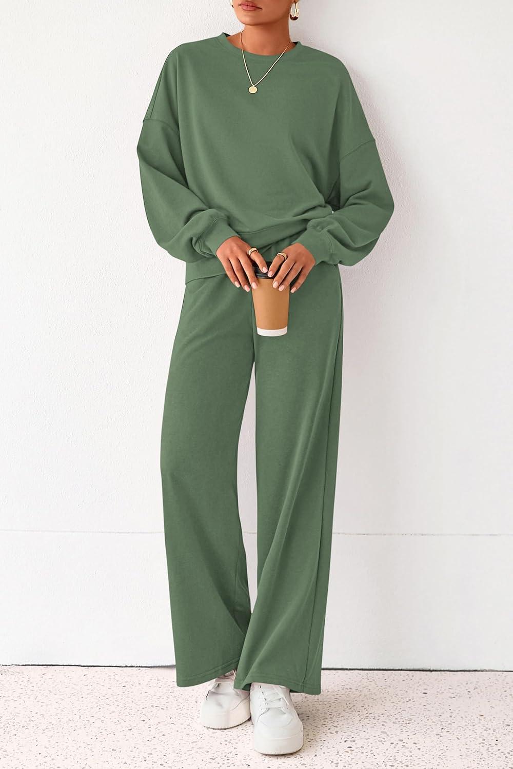 imagePRETTYGARDEN Women 2 Piece Outfits 2026 Spring Sweatsuits Crewneck Sweatshirt Wide Leg Sweatpants Lounge Sets TracksuitGreen