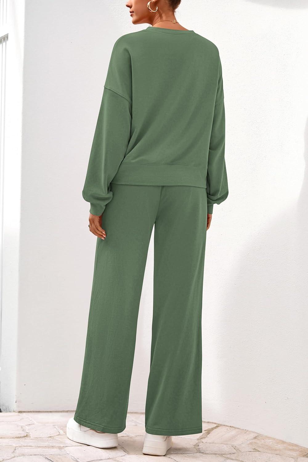 imagePRETTYGARDEN Women 2 Piece Outfits 2026 Spring Sweatsuits Crewneck Sweatshirt Wide Leg Sweatpants Lounge Sets TracksuitGreen
