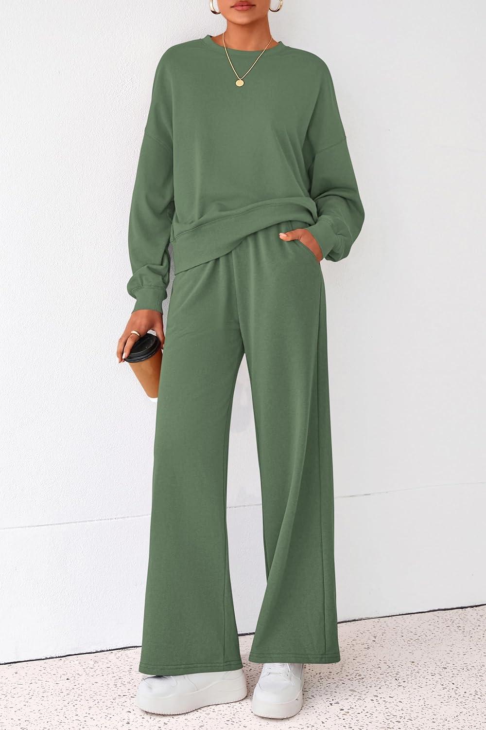 imagePRETTYGARDEN Women 2 Piece Outfits 2026 Spring Sweatsuits Crewneck Sweatshirt Wide Leg Sweatpants Lounge Sets TracksuitGreen
