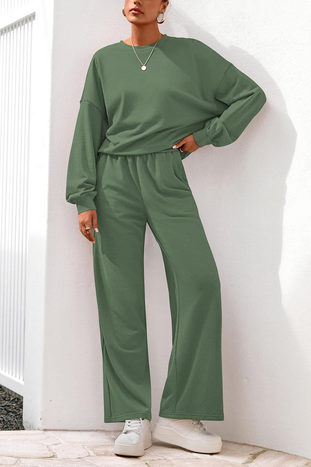 imagePRETTYGARDEN Women 2 Piece Outfits 2026 Spring Sweatsuits Crewneck Sweatshirt Wide Leg Sweatpants Lounge Sets TracksuitGreen