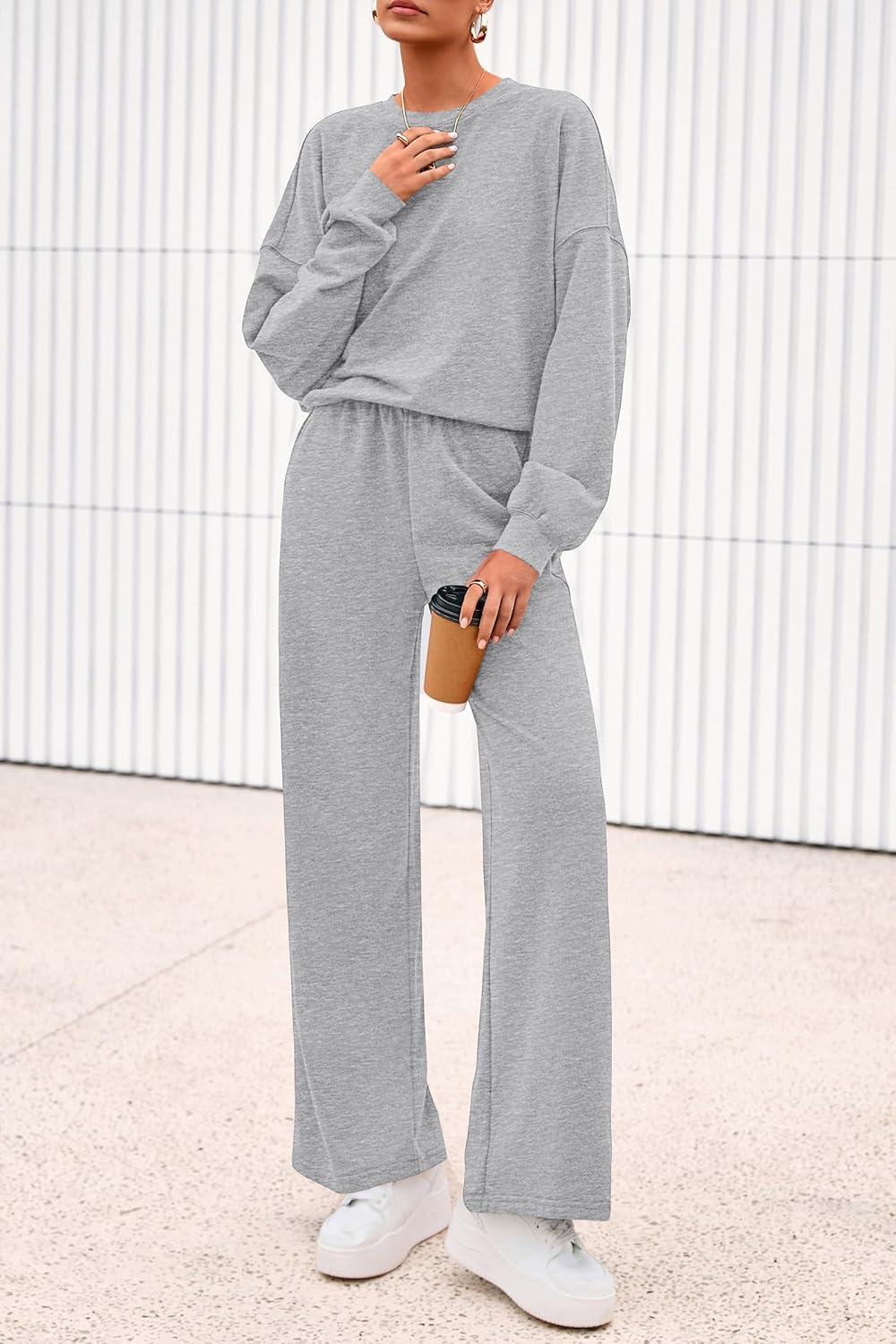 imagePRETTYGARDEN Women 2 Piece Outfits 2026 Spring Sweatsuits Crewneck Sweatshirt Wide Leg Sweatpants Lounge Sets TracksuitGrey