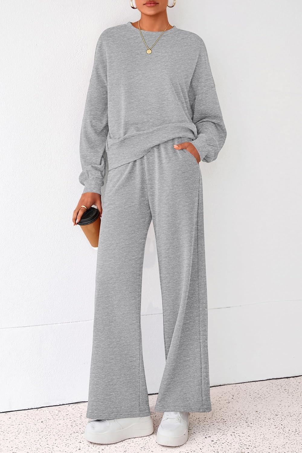 imagePRETTYGARDEN Women 2 Piece Outfits 2026 Spring Sweatsuits Crewneck Sweatshirt Wide Leg Sweatpants Lounge Sets TracksuitGrey