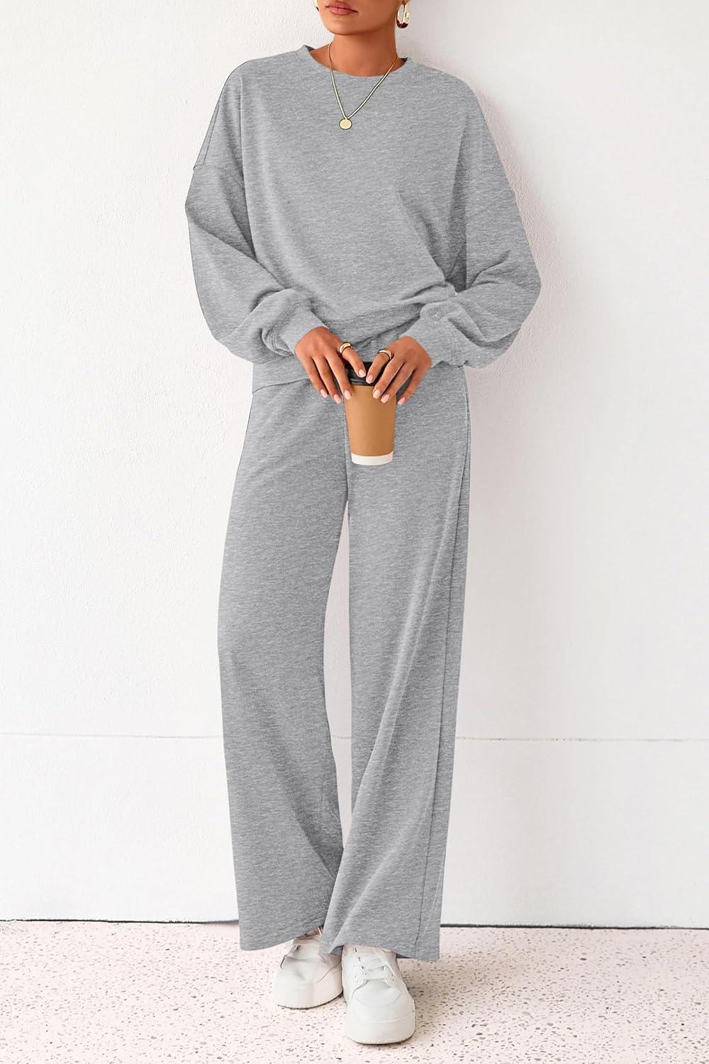 imagePRETTYGARDEN Women 2 Piece Outfits 2026 Spring Sweatsuits Crewneck Sweatshirt Wide Leg Sweatpants Lounge Sets TracksuitGrey