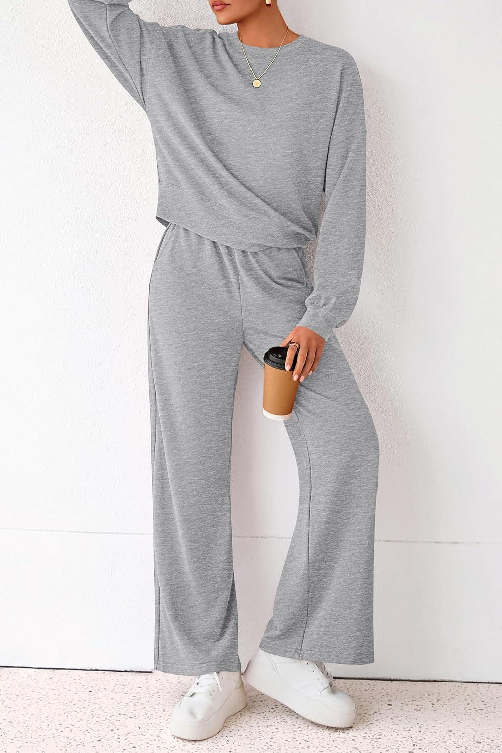 imagePRETTYGARDEN Women 2 Piece Outfits 2026 Spring Sweatsuits Crewneck Sweatshirt Wide Leg Sweatpants Lounge Sets TracksuitGrey