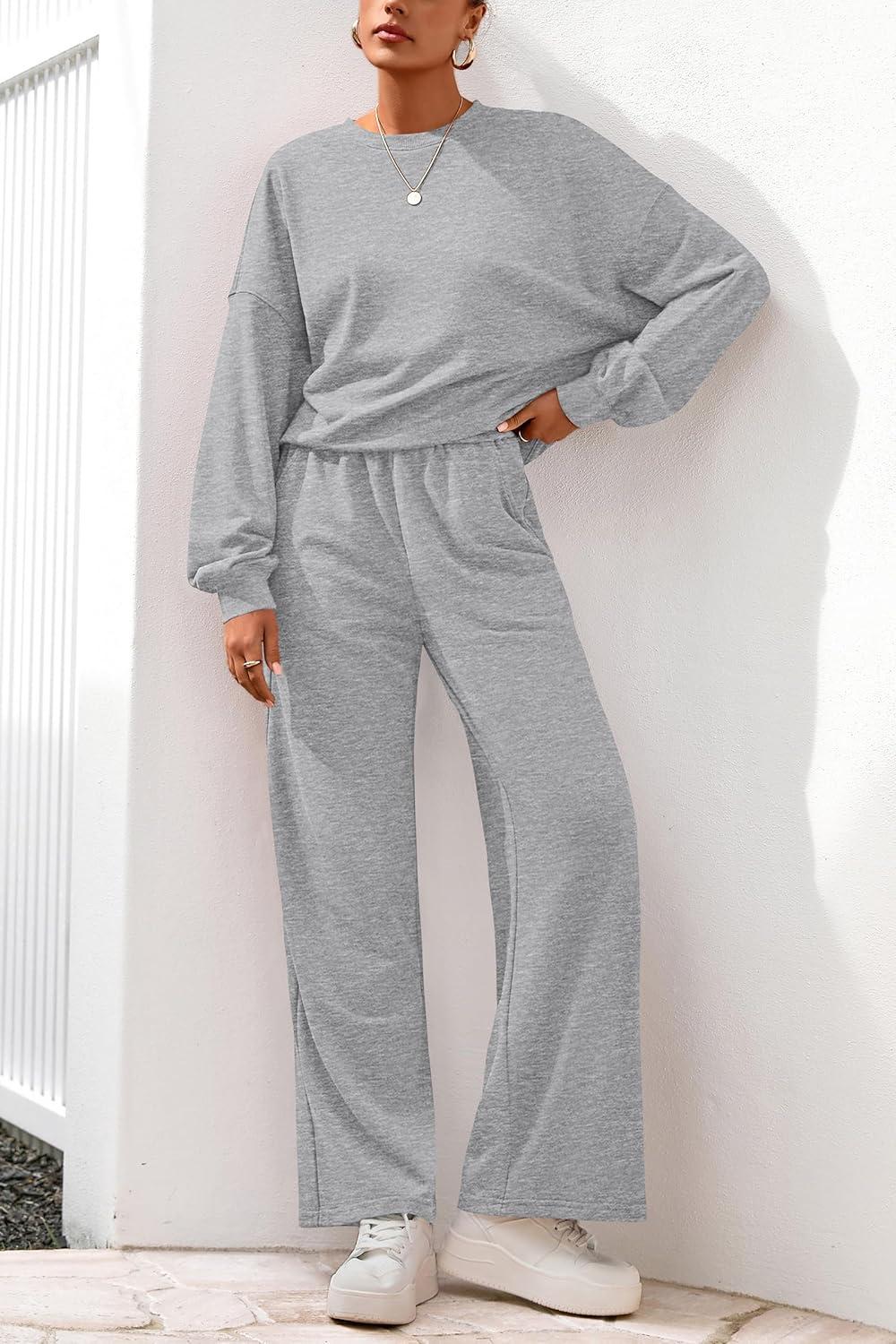 imagePRETTYGARDEN Women 2 Piece Outfits 2026 Spring Sweatsuits Crewneck Sweatshirt Wide Leg Sweatpants Lounge Sets TracksuitGrey