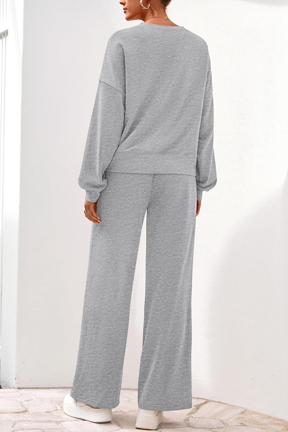 imagePRETTYGARDEN Women 2 Piece Outfits 2026 Spring Sweatsuits Crewneck Sweatshirt Wide Leg Sweatpants Lounge Sets TracksuitGrey