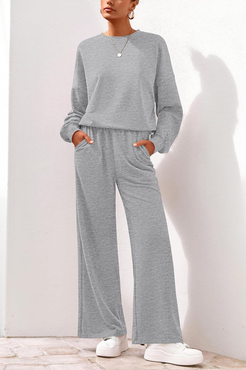imagePRETTYGARDEN Women 2 Piece Outfits 2026 Spring Sweatsuits Crewneck Sweatshirt Wide Leg Sweatpants Lounge Sets TracksuitGrey