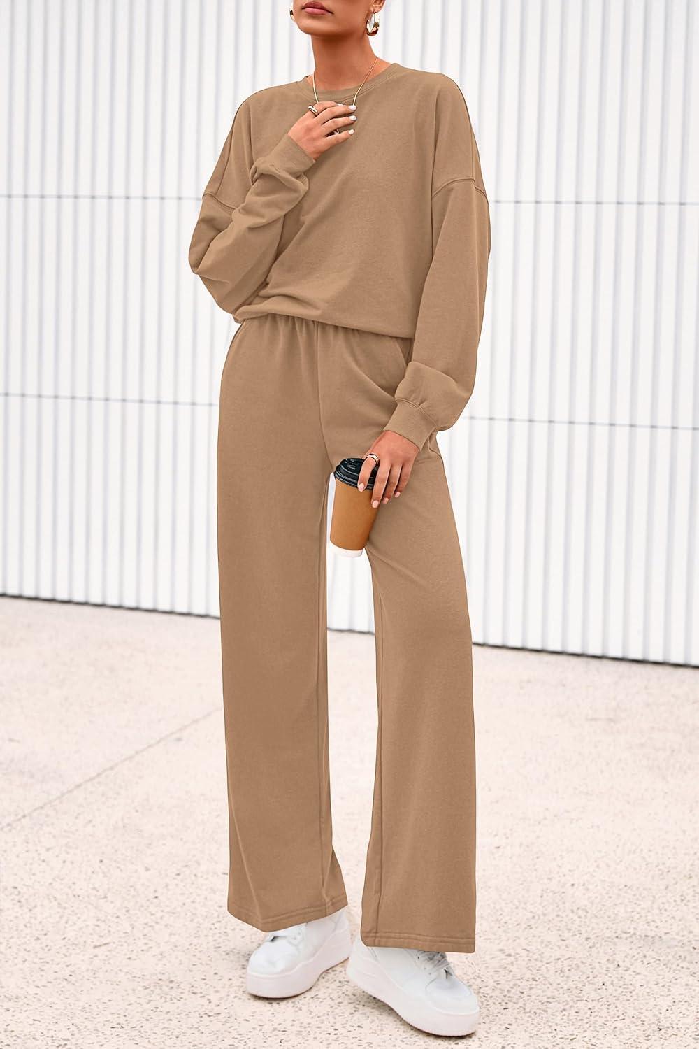 imagePRETTYGARDEN Women 2 Piece Outfits 2026 Spring Sweatsuits Crewneck Sweatshirt Wide Leg Sweatpants Lounge Sets TracksuitKhaki