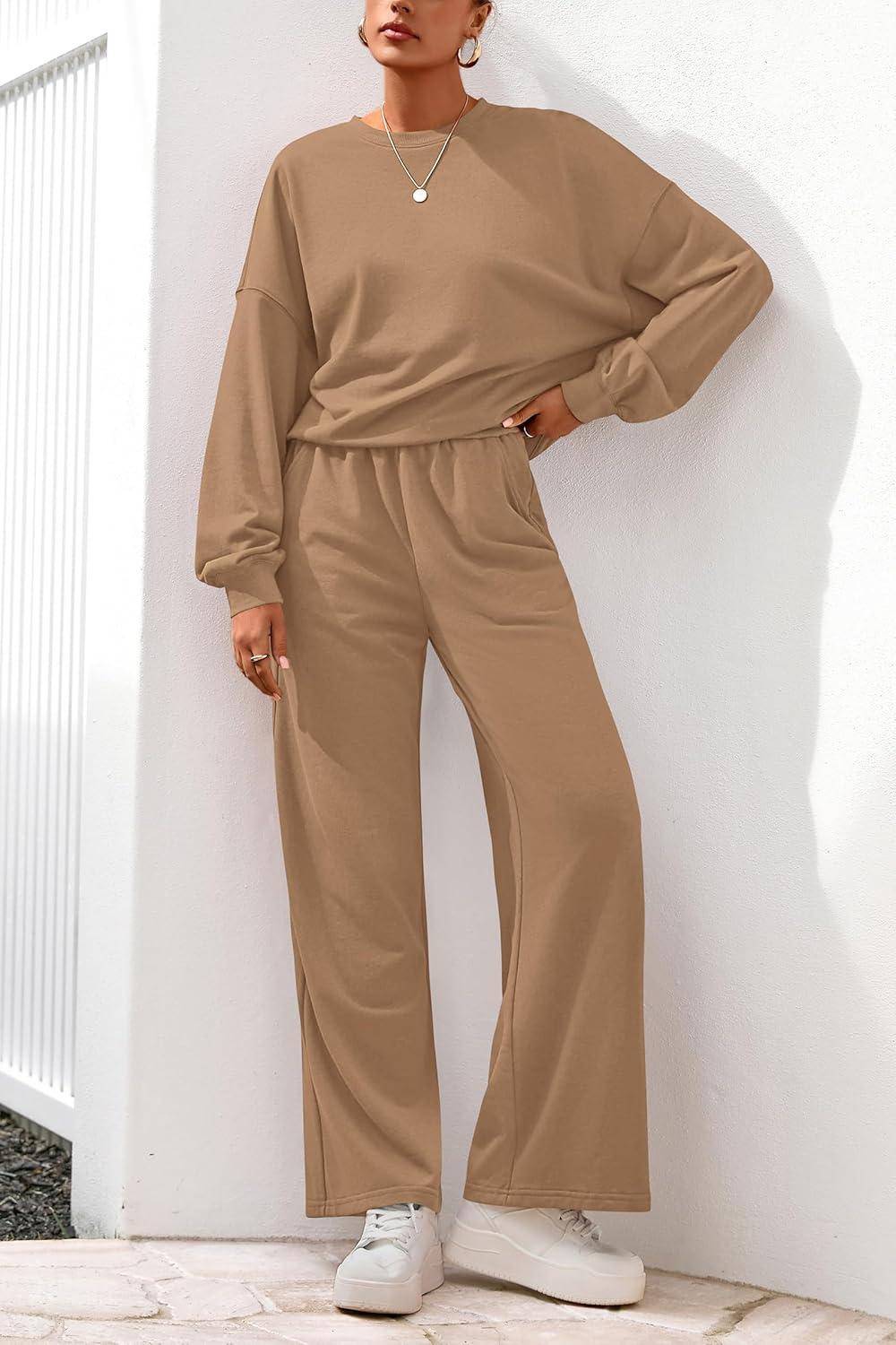 imagePRETTYGARDEN Women 2 Piece Outfits 2026 Spring Sweatsuits Crewneck Sweatshirt Wide Leg Sweatpants Lounge Sets TracksuitKhaki