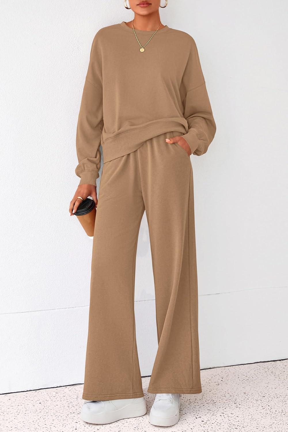 imagePRETTYGARDEN Women 2 Piece Outfits 2026 Spring Sweatsuits Crewneck Sweatshirt Wide Leg Sweatpants Lounge Sets TracksuitKhaki