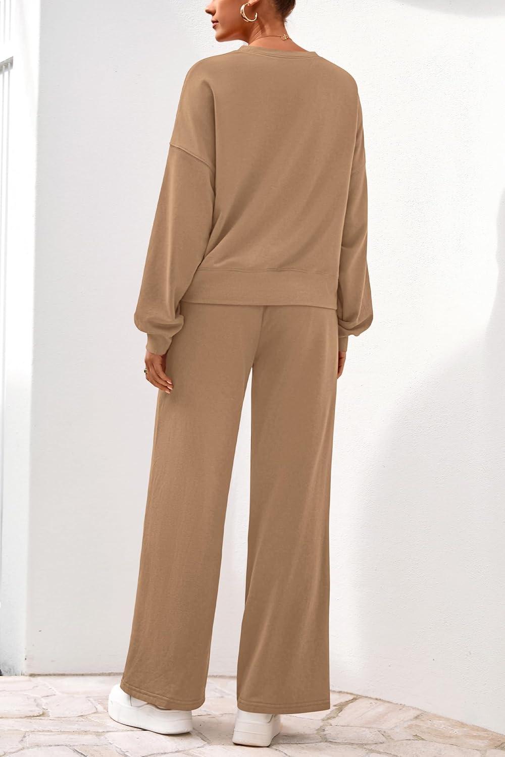 imagePRETTYGARDEN Women 2 Piece Outfits 2026 Spring Sweatsuits Crewneck Sweatshirt Wide Leg Sweatpants Lounge Sets TracksuitKhaki