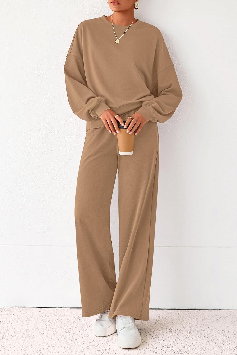 imagePRETTYGARDEN Women 2 Piece Outfits 2026 Spring Sweatsuits Crewneck Sweatshirt Wide Leg Sweatpants Lounge Sets TracksuitKhaki