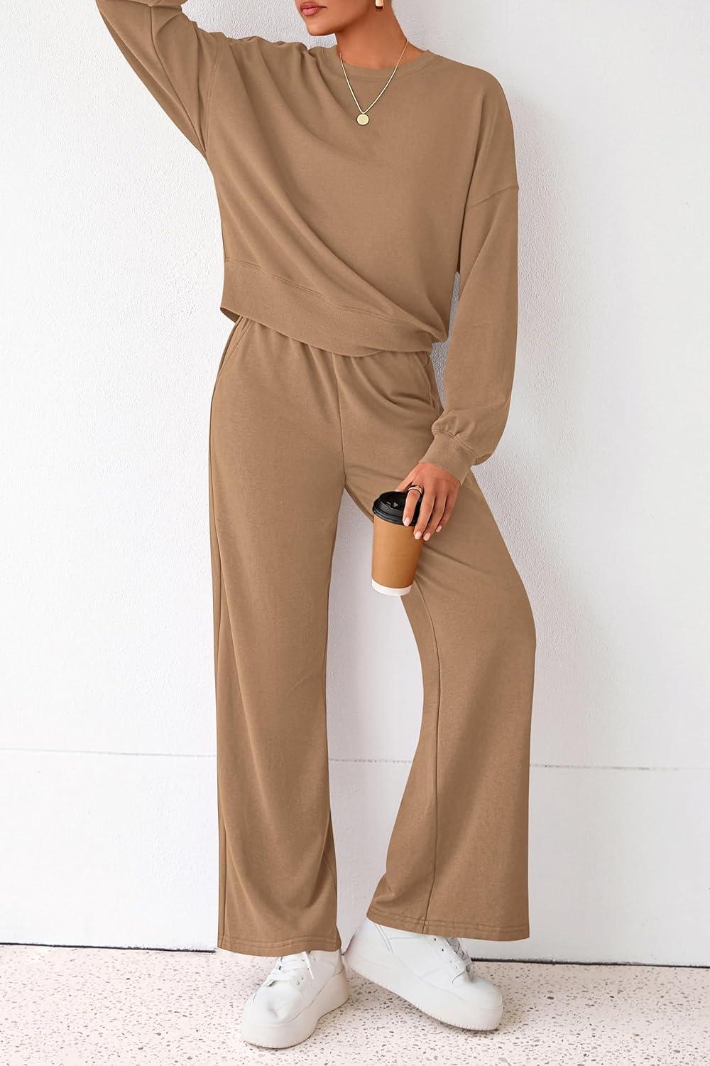 imagePRETTYGARDEN Women 2 Piece Outfits 2026 Spring Sweatsuits Crewneck Sweatshirt Wide Leg Sweatpants Lounge Sets TracksuitKhaki