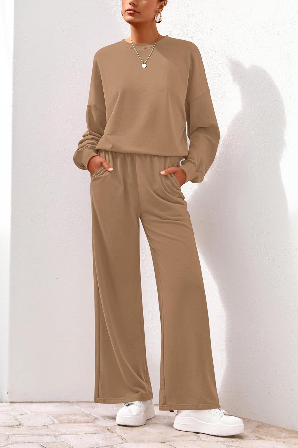 imagePRETTYGARDEN Women 2 Piece Outfits 2026 Spring Sweatsuits Crewneck Sweatshirt Wide Leg Sweatpants Lounge Sets TracksuitKhaki