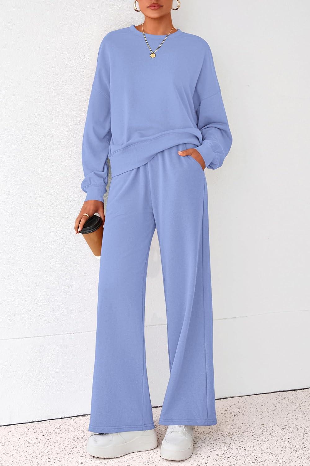 imagePRETTYGARDEN Women 2 Piece Outfits 2026 Spring Sweatsuits Crewneck Sweatshirt Wide Leg Sweatpants Lounge Sets TracksuitLight Blue
