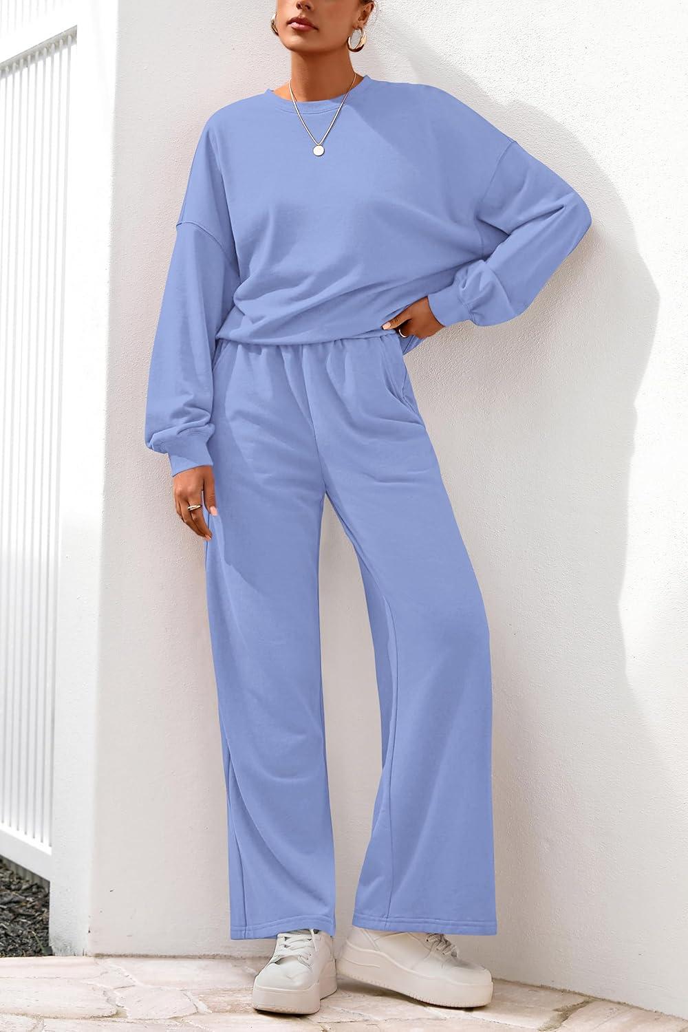 imagePRETTYGARDEN Women 2 Piece Outfits 2026 Spring Sweatsuits Crewneck Sweatshirt Wide Leg Sweatpants Lounge Sets TracksuitLight Blue