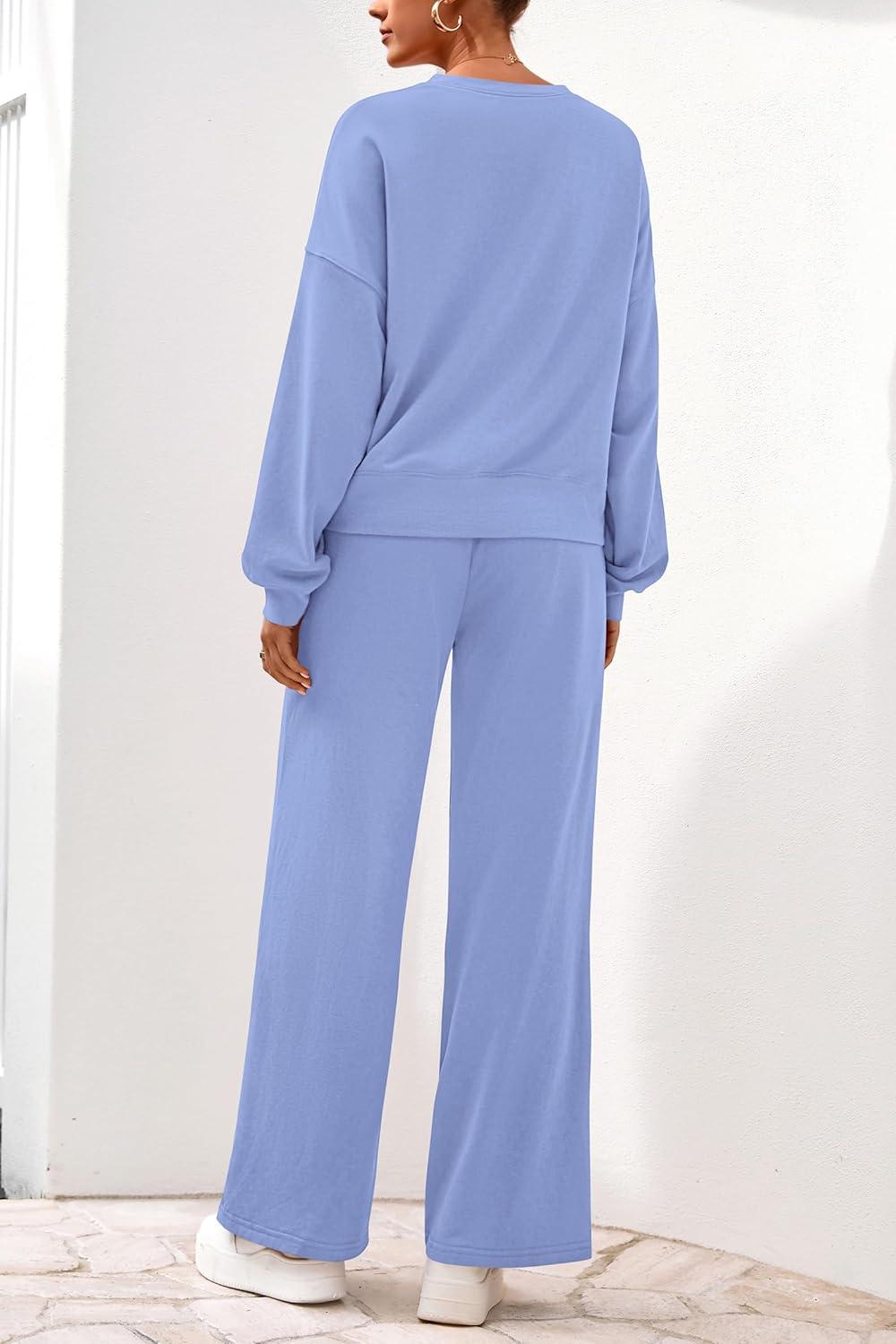 imagePRETTYGARDEN Women 2 Piece Outfits 2026 Spring Sweatsuits Crewneck Sweatshirt Wide Leg Sweatpants Lounge Sets TracksuitLight Blue
