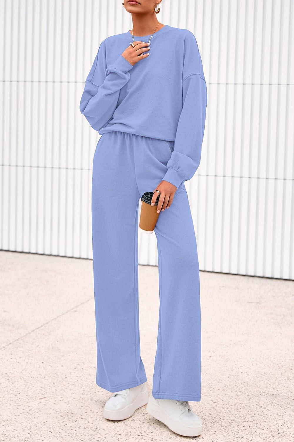 imagePRETTYGARDEN Women 2 Piece Outfits 2026 Spring Sweatsuits Crewneck Sweatshirt Wide Leg Sweatpants Lounge Sets TracksuitLight Blue