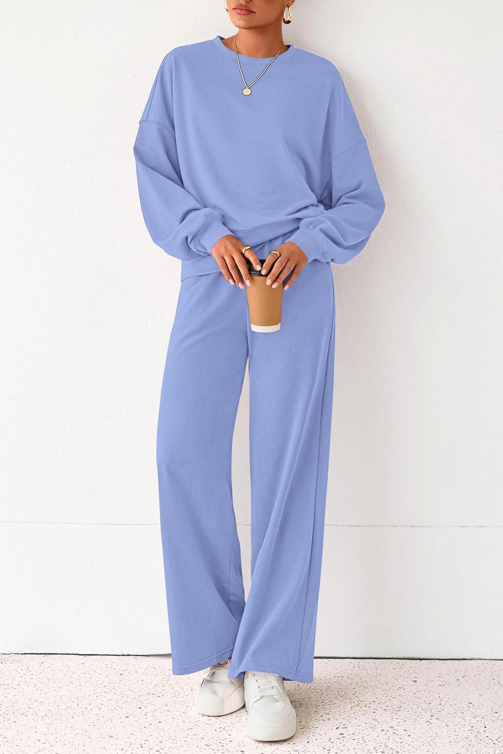 imagePRETTYGARDEN Women 2 Piece Outfits 2026 Spring Sweatsuits Crewneck Sweatshirt Wide Leg Sweatpants Lounge Sets TracksuitLight Blue