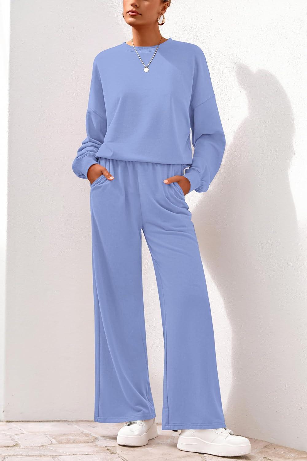 imagePRETTYGARDEN Women 2 Piece Outfits 2026 Spring Sweatsuits Crewneck Sweatshirt Wide Leg Sweatpants Lounge Sets TracksuitLight Blue
