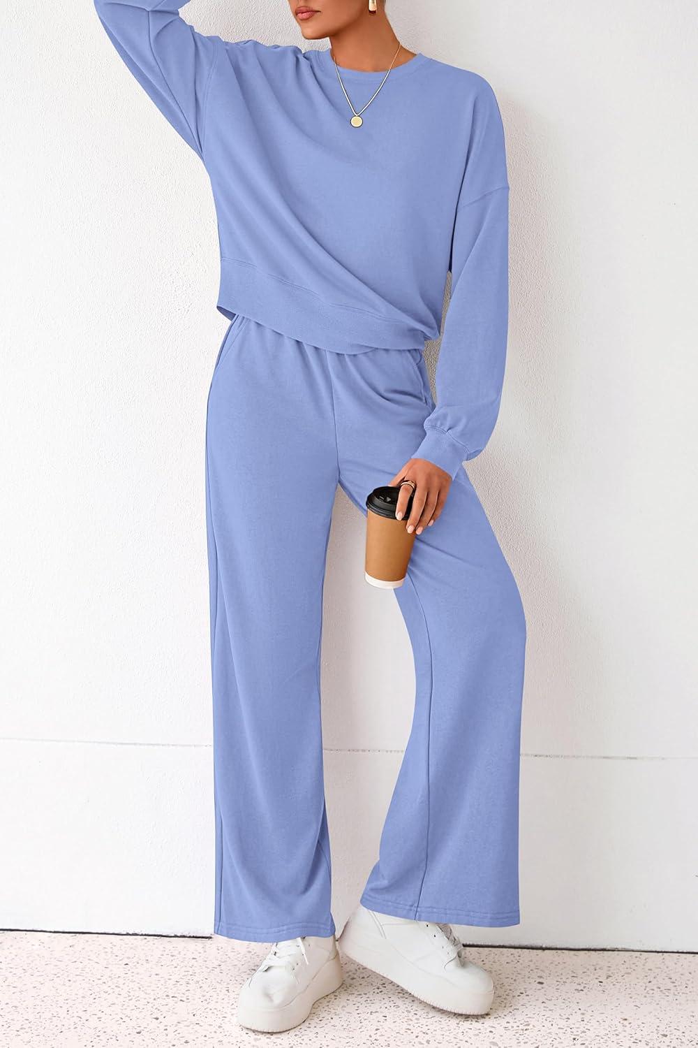 imagePRETTYGARDEN Women 2 Piece Outfits 2026 Spring Sweatsuits Crewneck Sweatshirt Wide Leg Sweatpants Lounge Sets TracksuitLight Blue