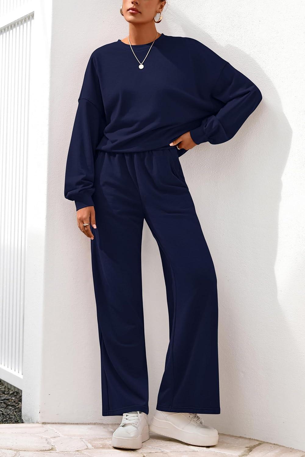 imagePRETTYGARDEN Women 2 Piece Outfits 2026 Spring Sweatsuits Crewneck Sweatshirt Wide Leg Sweatpants Lounge Sets TracksuitNavy Blue