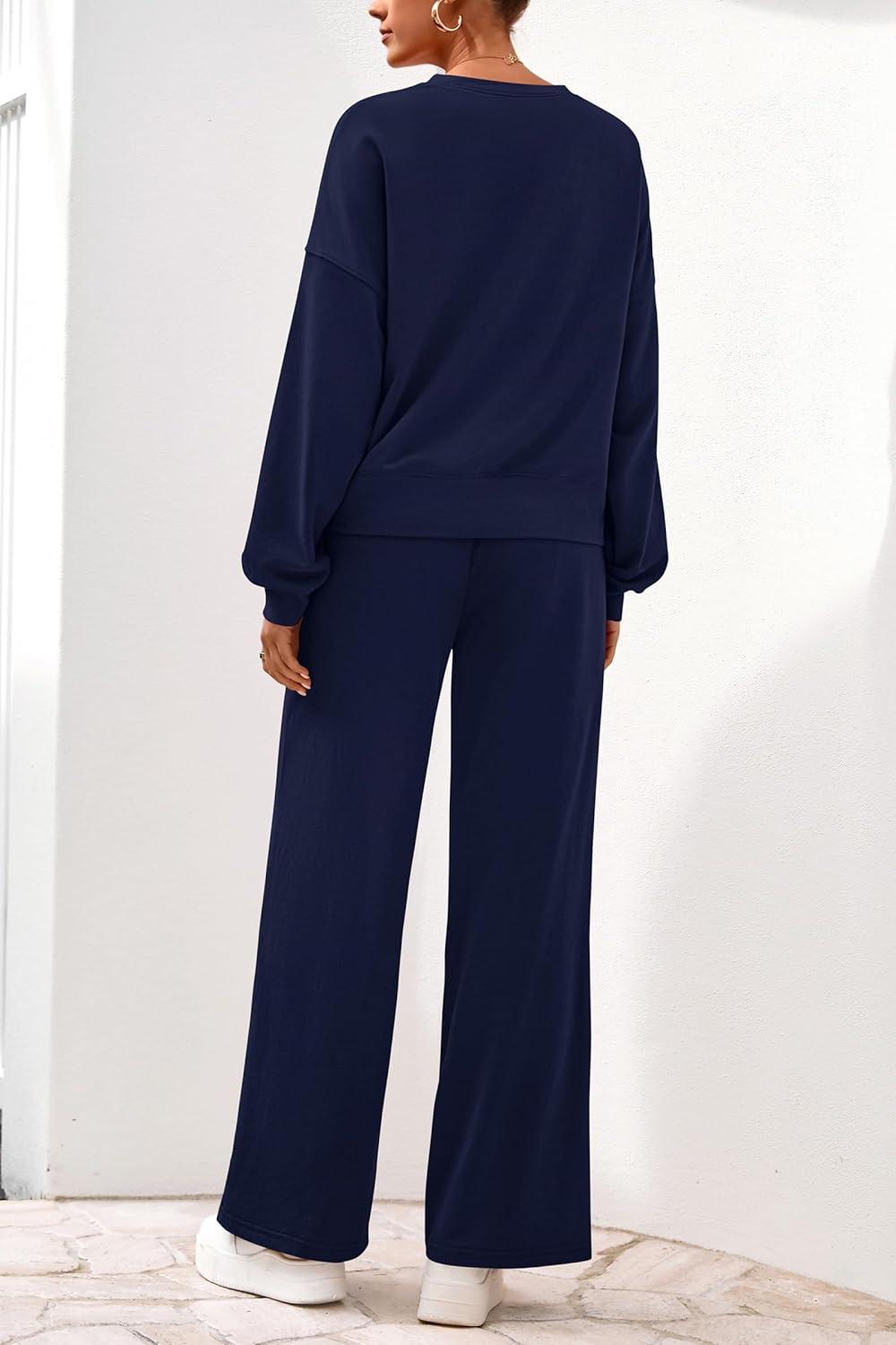 imagePRETTYGARDEN Women 2 Piece Outfits 2026 Spring Sweatsuits Crewneck Sweatshirt Wide Leg Sweatpants Lounge Sets TracksuitNavy Blue