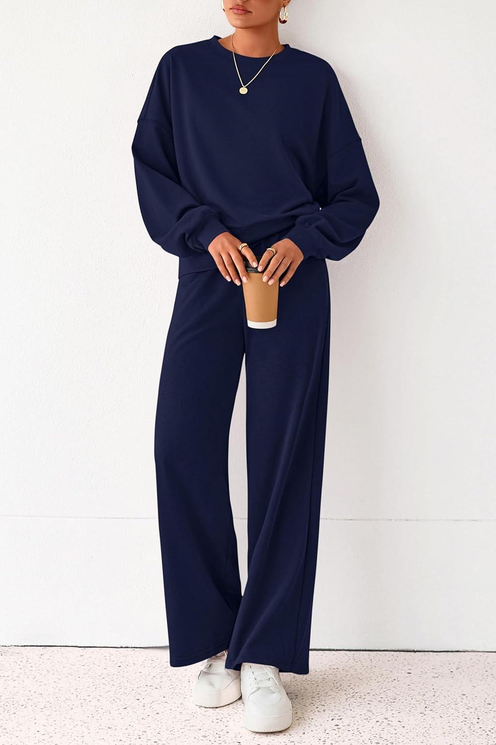 imagePRETTYGARDEN Women 2 Piece Outfits 2026 Spring Sweatsuits Crewneck Sweatshirt Wide Leg Sweatpants Lounge Sets TracksuitNavy Blue