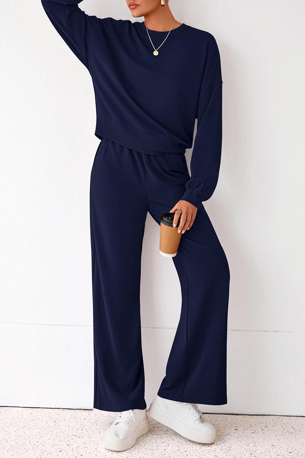 imagePRETTYGARDEN Women 2 Piece Outfits 2026 Spring Sweatsuits Crewneck Sweatshirt Wide Leg Sweatpants Lounge Sets TracksuitNavy Blue